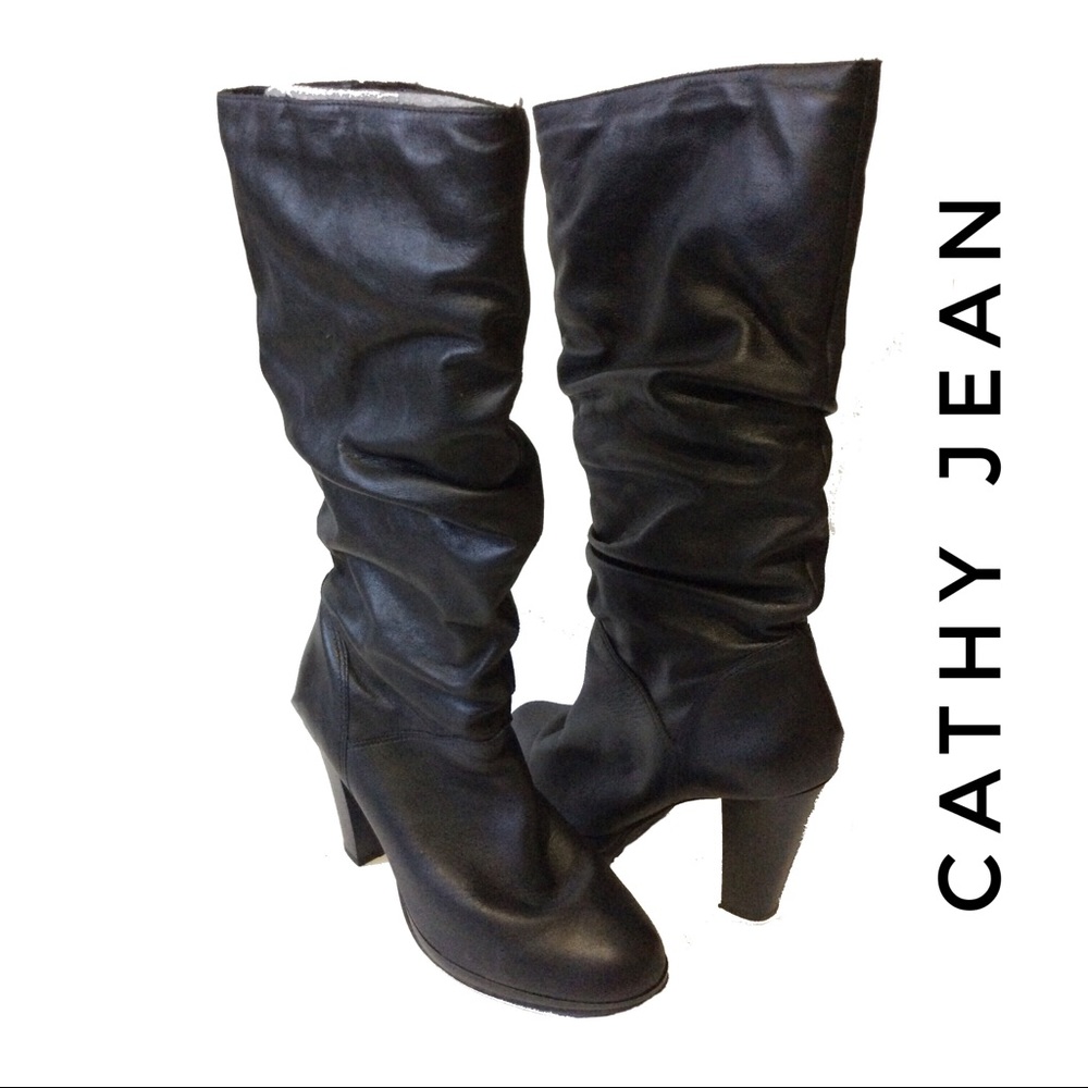 Cathy Jean Leather Mid-Calf Slouchy Boots Black 7
